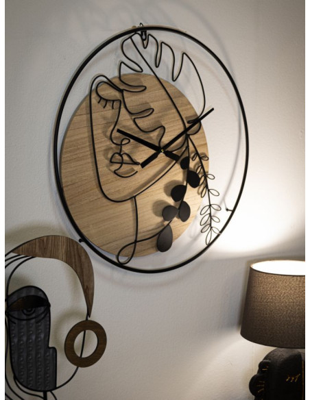 Grande Horloge murale Visage abstrait Ronde 60 cm en Métal Noir Bois Naturel Halin 