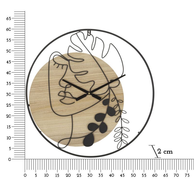 Grande Horloge murale Visage abstrait Ronde 60 cm en Métal Noir Bois Naturel Halin 