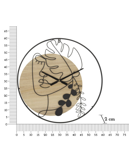 Grande Horloge murale Visage abstrait Ronde 60 cm en Métal Noir Bois Naturel Halin 