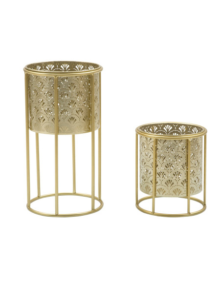 Cache pot sur pied moderne ajouré Rond en Métal Doré Golvy A (Lot de 2) 