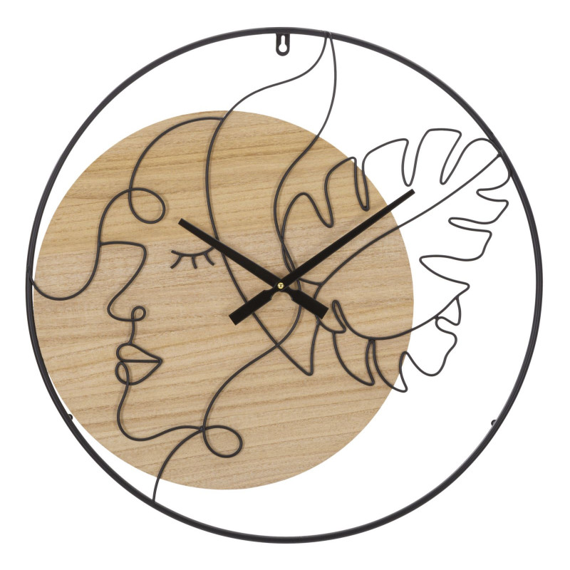 Grande Horloge murale Visage abstrait Ronde 60 cm en Métal Noir Bois Naturel Velar 