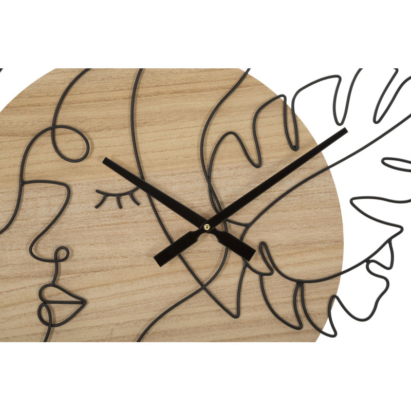 Grande Horloge murale Visage abstrait Ronde 60 cm en Métal Noir Bois Naturel Velar 