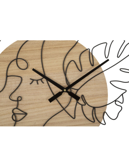 Grande Horloge murale Visage abstrait Ronde 60 cm en Métal Noir Bois Naturel Velar 