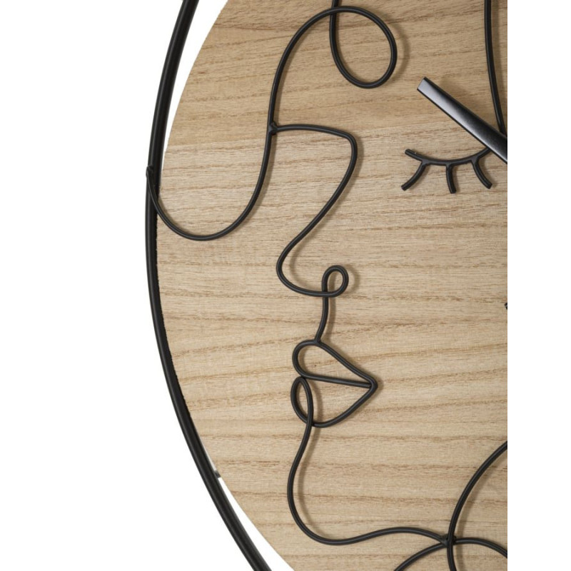Grande Horloge murale Visage abstrait Ronde 60 cm en Métal Noir Bois Naturel Velar 