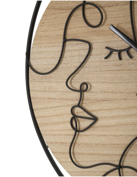 Grande Horloge murale Visage abstrait Ronde 60 cm en Métal Noir Bois Naturel Velar 