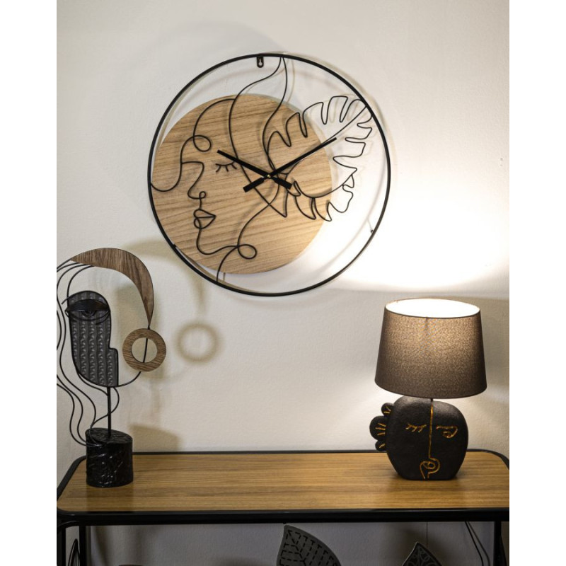 Grande Horloge murale Visage abstrait Ronde 60 cm en Métal Noir Bois Naturel Velar 