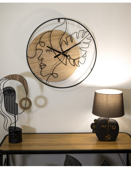 Grande Horloge murale Visage abstrait Ronde 60 cm en Métal Noir Bois Naturel Velar 