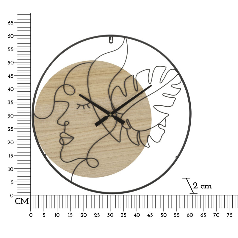 Grande Horloge murale Visage abstrait Ronde 60 cm en Métal Noir Bois Naturel Velar 