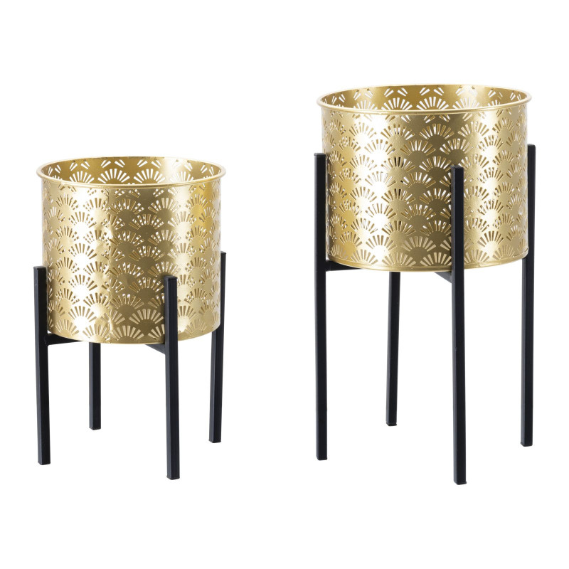 Cache pot sur pied moderne ajouré Rond en Métal Doré Noir Glissy (Lot de 2) 