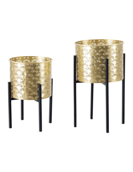 Cache pot sur pied moderne ajouré Rond en Métal Doré Noir Glissy (Lot de 2) 