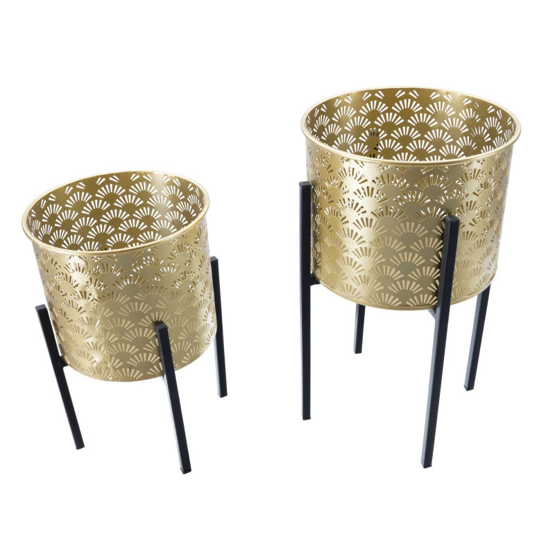 Cache pot sur pied moderne ajouré Rond en Métal Doré Noir Glissy (Lot de 2) 