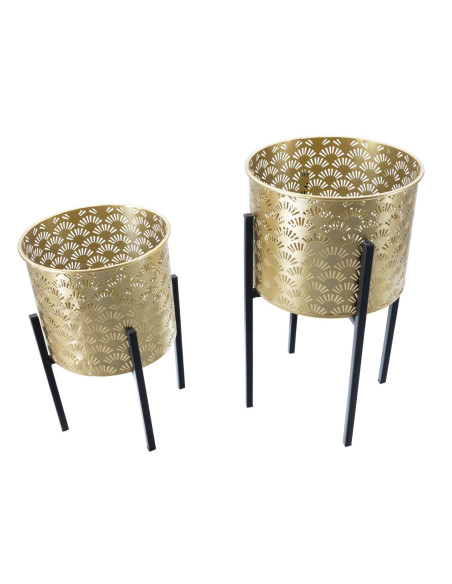 Cache pot sur pied moderne ajouré Rond en Métal Doré Noir Glissy (Lot de 2) 