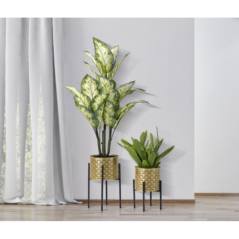 Cache pot sur pied moderne ajouré Rond en Métal Doré Noir Glissy (Lot de 2) 