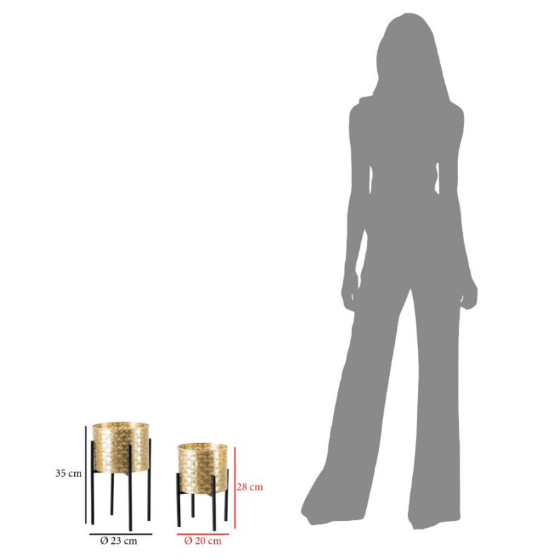 Cache pot sur pied moderne ajouré Rond en Métal Doré Noir Glissy (Lot de 2) 