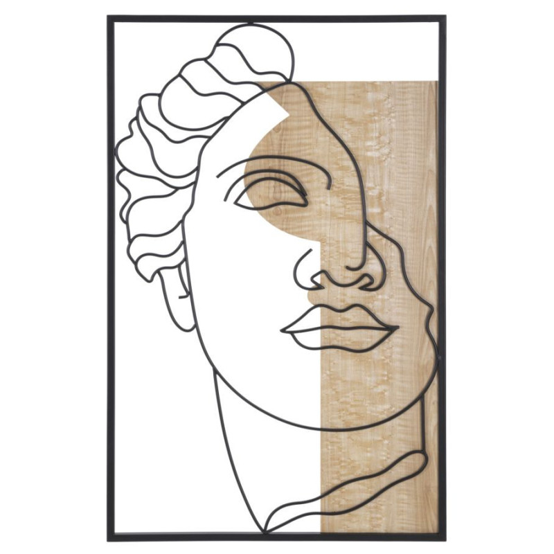 Grande Déco murale Visage antique 50x80 en Métal Noir Bois Naturel Telan 