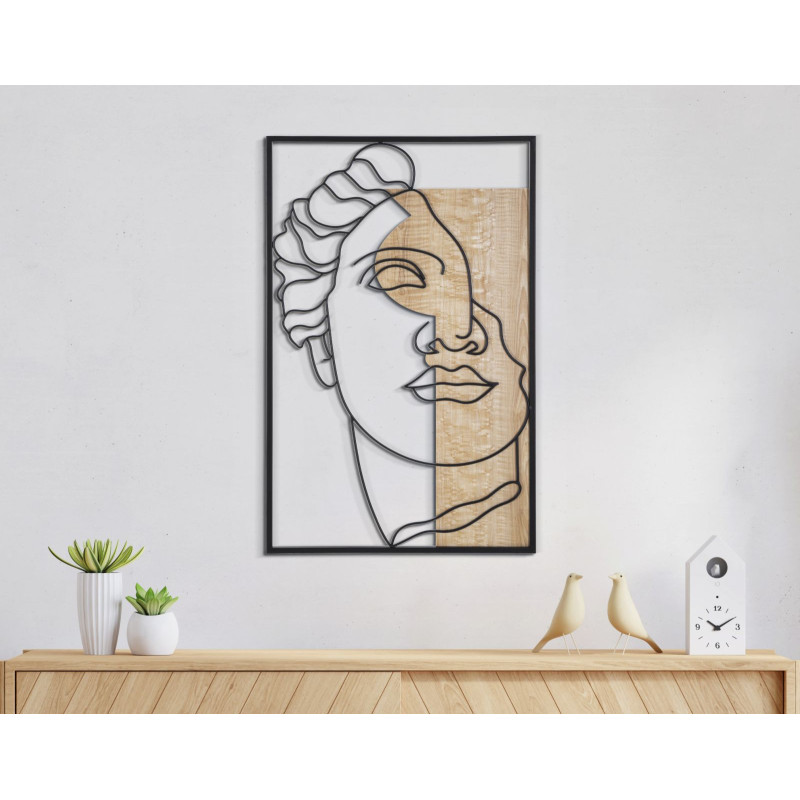 Grande Déco murale Visage antique 50x80 en Métal Noir Bois Naturel Telan 