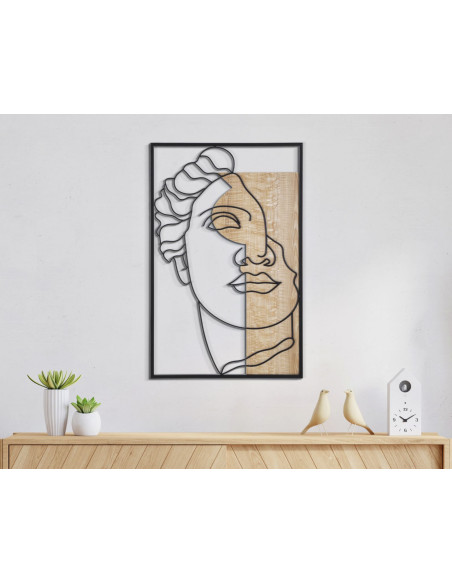 Grande Déco murale Visage antique 50x80 en Métal Noir Bois Naturel Telan 