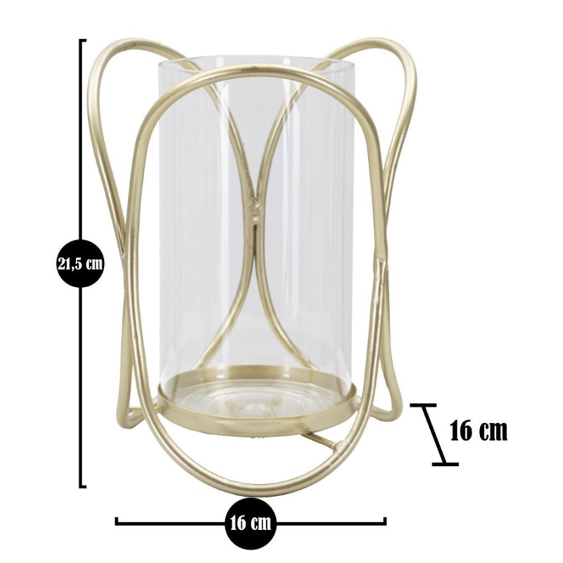 Photophore moderne chic Hauteur 21 cm en Métal Doré Verre Transparent Glox 