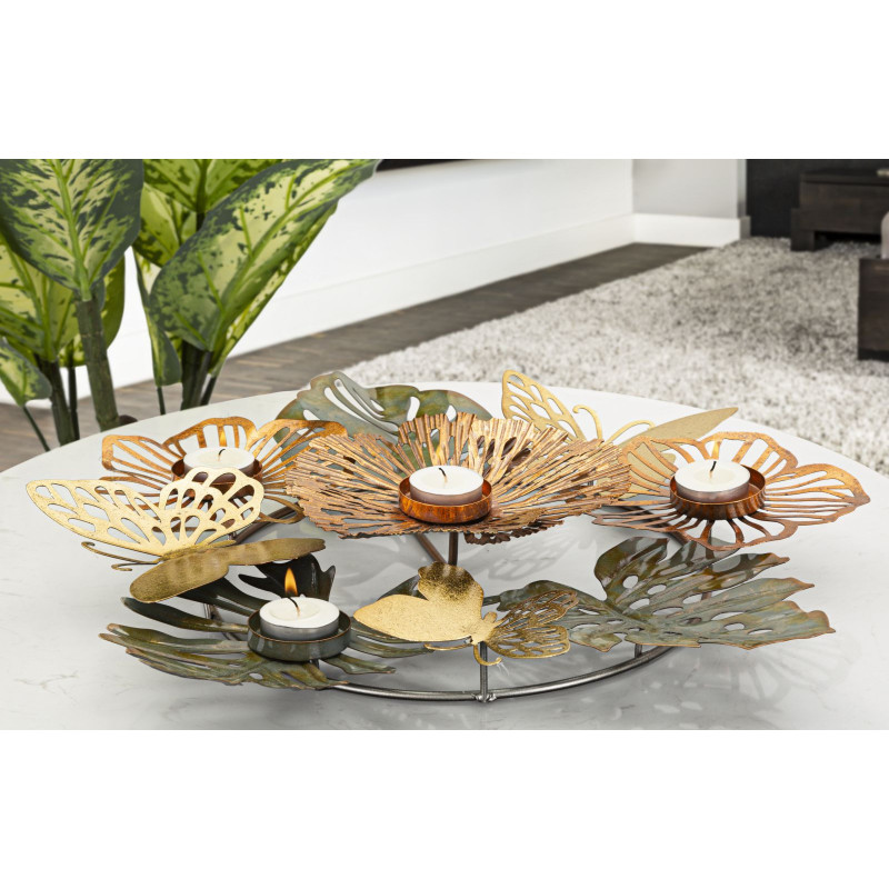 Grand Bougeoir original 3 bougies Papillons 45 cm en Métal Argenté Doré Cuivré Shine 
