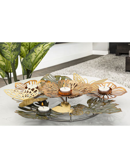 Grand Bougeoir original 3 bougies Papillons 45 cm en Métal Argenté Doré Cuivré Shine 