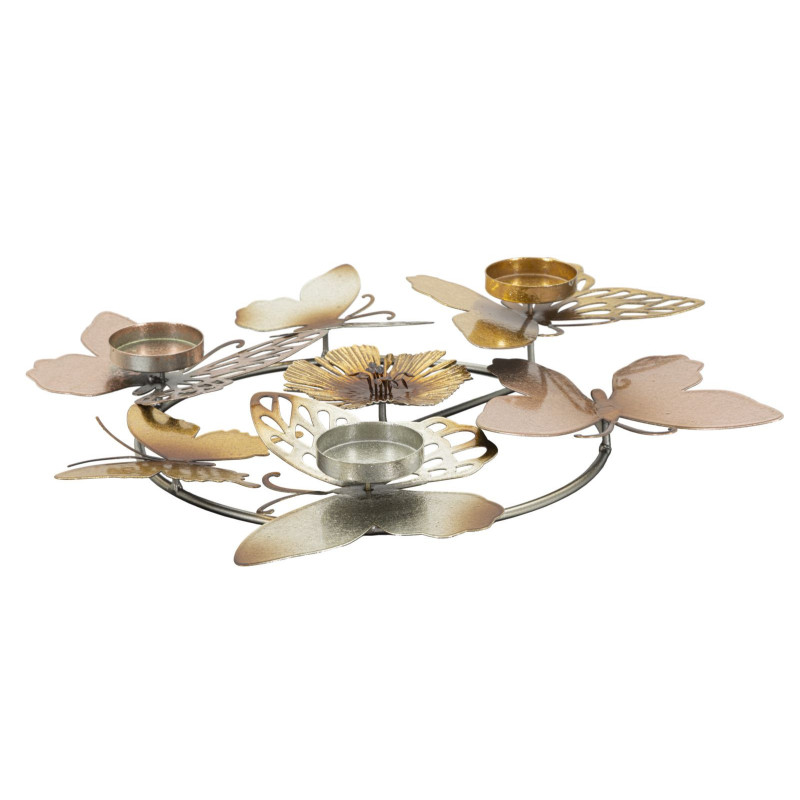 Bougeoir original 3 bougies Papillons 39 cm en Métal Argenté Doré Cuivré Shine 