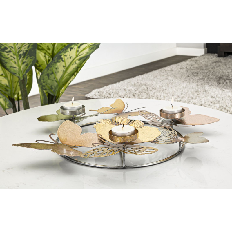 Bougeoir original 3 bougies Papillons 39 cm en Métal Argenté Doré Cuivré Shine 