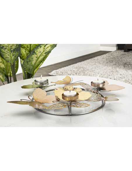 Bougeoir original 3 bougies Papillons 39 cm en Métal Argenté Doré Cuivré Shine 