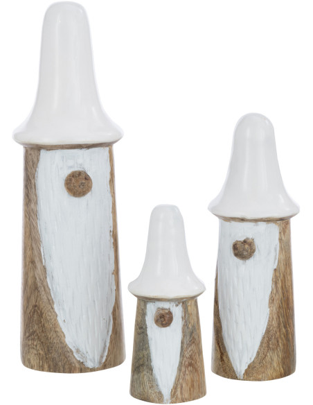 Gnome Champignon en Bois de manguier Naturel Blanc (Lot de 3) J-Line - 1