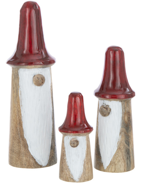 Gnome Champignon en Bois de manguier Naturel Rouge (Lot de 3) J-Line - 1