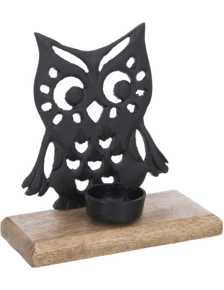 Photophore Chouette Miléa Diamètre en Métal Noir Bois de manguier Naturel - 1