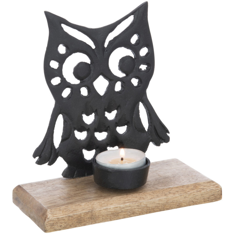 Photophore Chouette Miléa Diamètre en Métal Noir Bois de manguier Naturel - 2