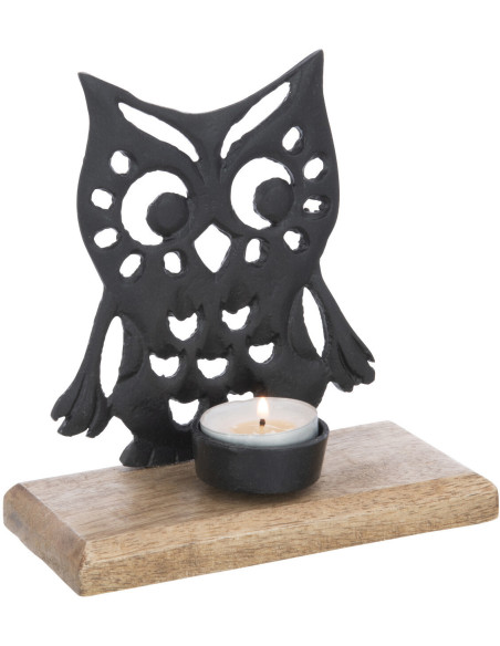 Photophore Chouette Miléa Diamètre en Métal Noir Bois de manguier Naturel - 2