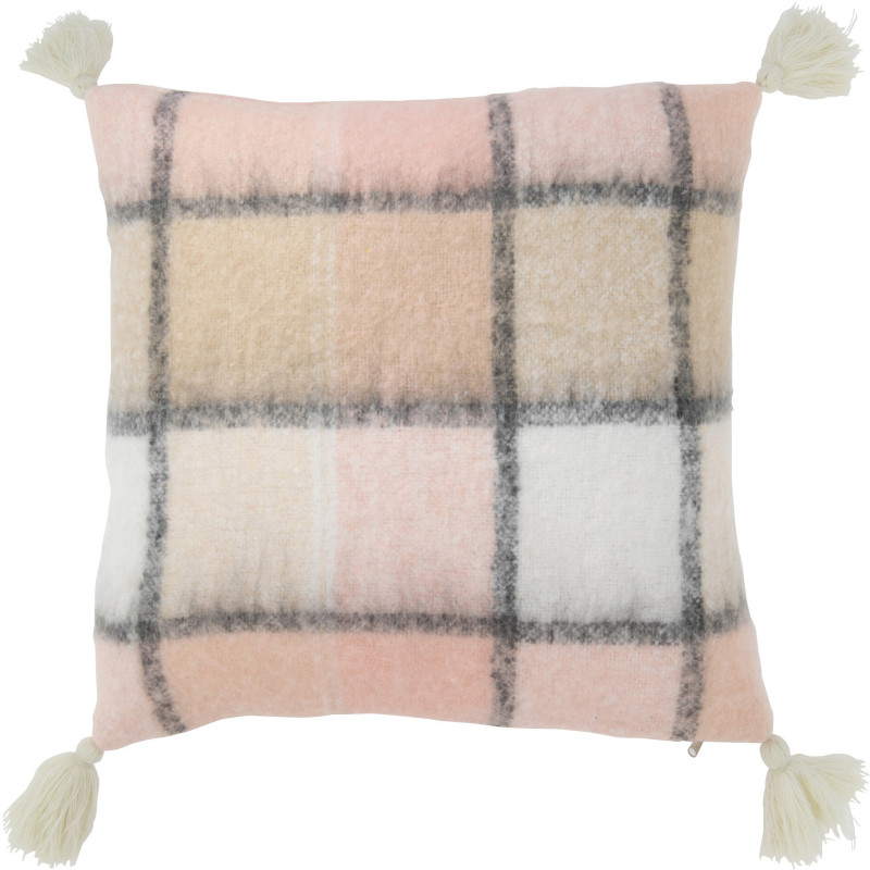 Coussin Carré Harmony 45x45 en Polyester Rose Motif carreaux Avec pompons - 1