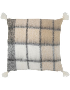 Coussin Carré Harmony 45x45 en Polyester Beige Motif carreaux Avec pompons - 1