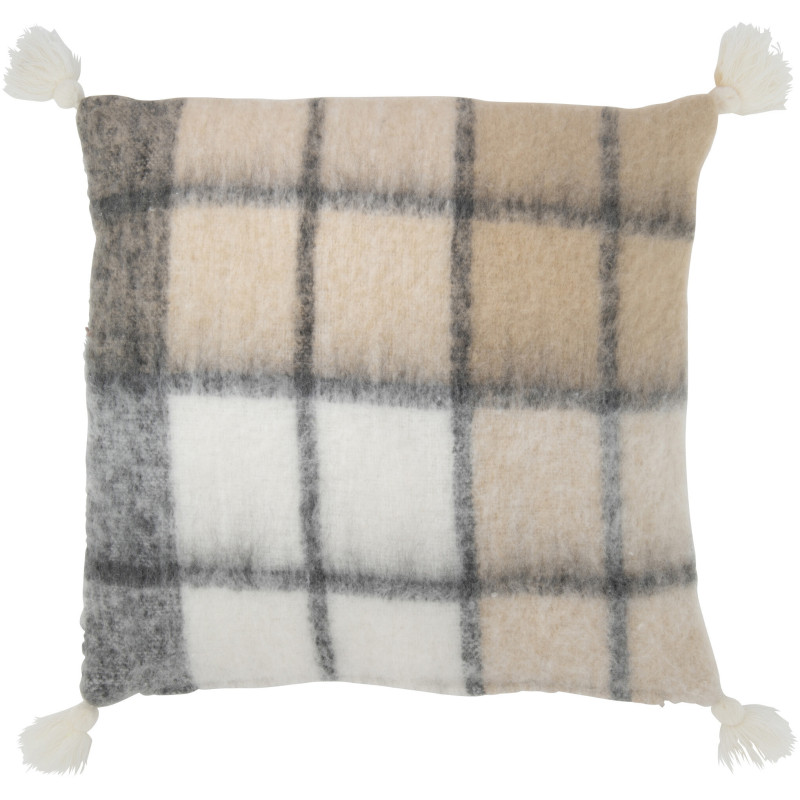 Coussin Carré Harmony 45x45 en Polyester Beige Motif carreaux Avec pompons - 1