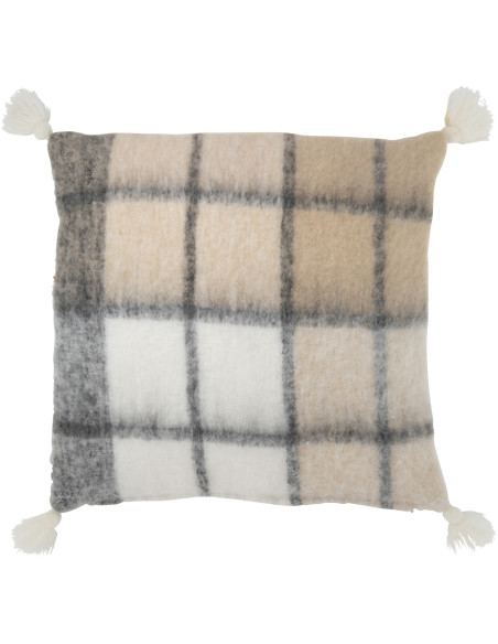 Coussin Carré Harmony 45x45 en Polyester Beige Motif carreaux Avec pompons - 1
