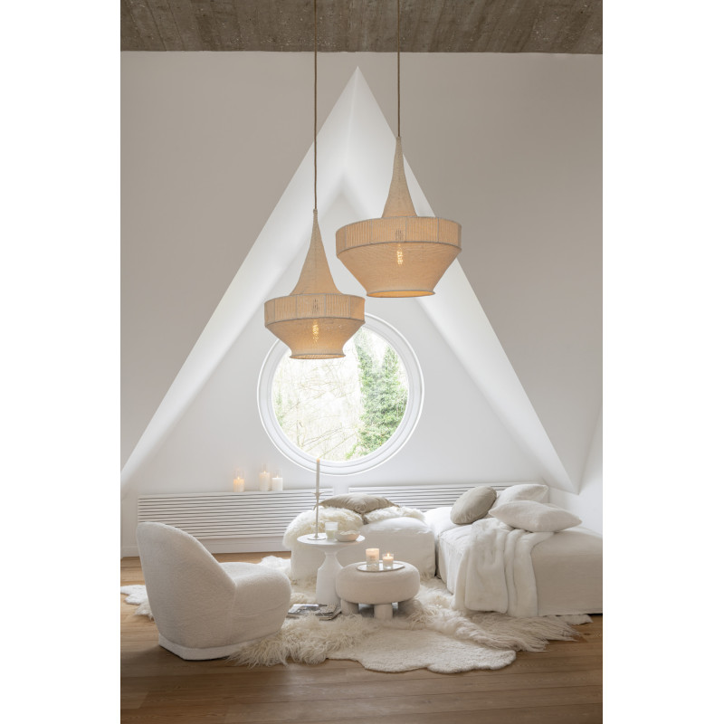 Pouf Rond Teddy en Velours Blanc Éponge Bois - 2