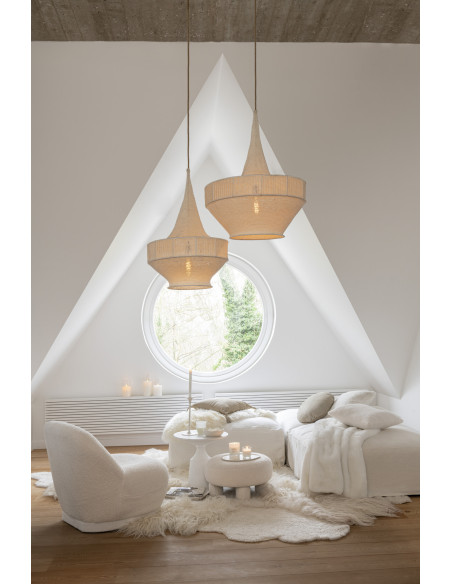 Pouf Rond Teddy en Velours Blanc Éponge Bois - 2