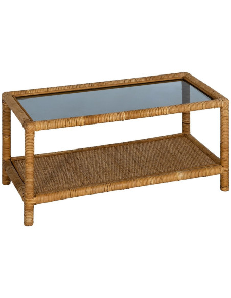 Table basse vintage Rectangulaire 1 étagère en Rotin Naturel Verre Rattan - 1