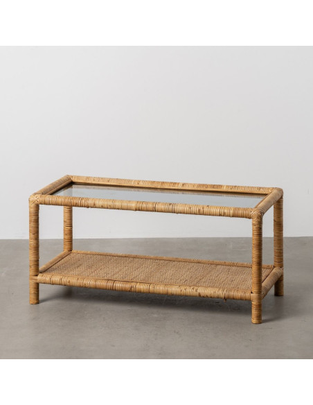 Table basse vintage Rectangulaire 1 étagère en Rotin Naturel Verre Rattan - 2