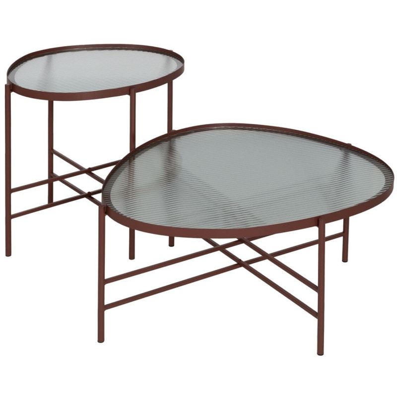 Table basse industrielle Ovale en Métal Rouge bordeaux Verre Semi transparent Relyn - 2