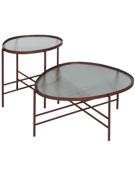 Table basse industrielle Ovale en Métal Rouge bordeaux Verre Semi transparent Relyn - 2