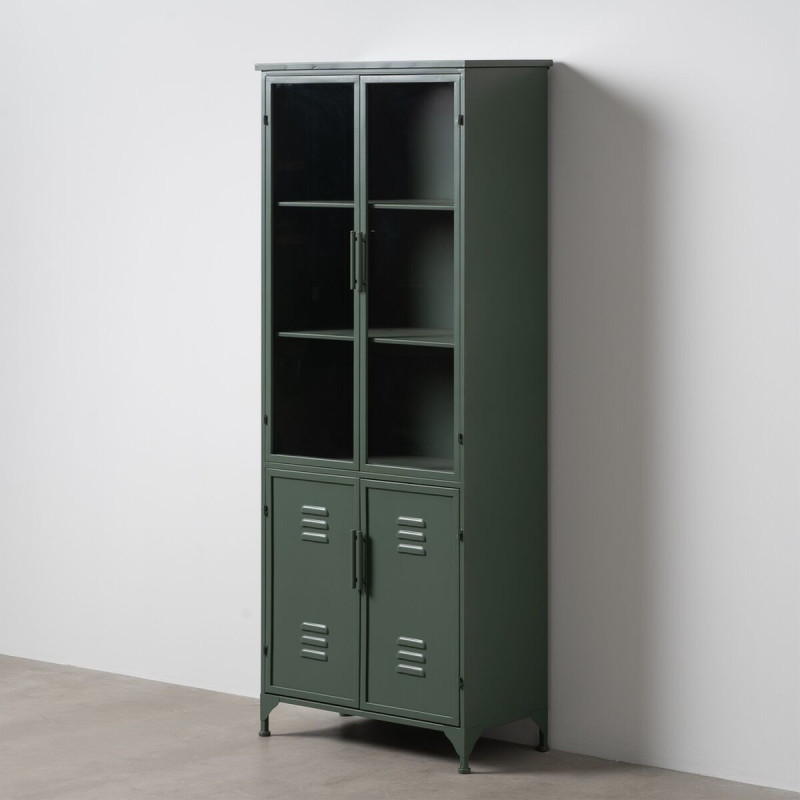 Grand Buffet Vitrine industriel Haut 4 portes en Métal Vert menthe Verre Transparent Caryl - 2