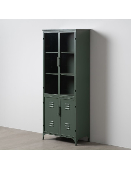 Grand Buffet Vitrine industriel Haut 4 portes en Métal Vert menthe Verre Transparent Caryl - 2