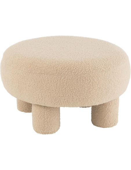 Pouf Rond Teddy en Velours Beige Éponge Bois - 1
