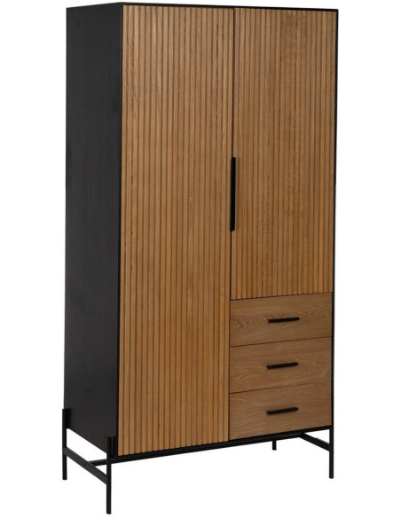 Grande Armoire moderne 2 portes 3 tiroirs en Bois Naturel Noir Métal Orleans - 1