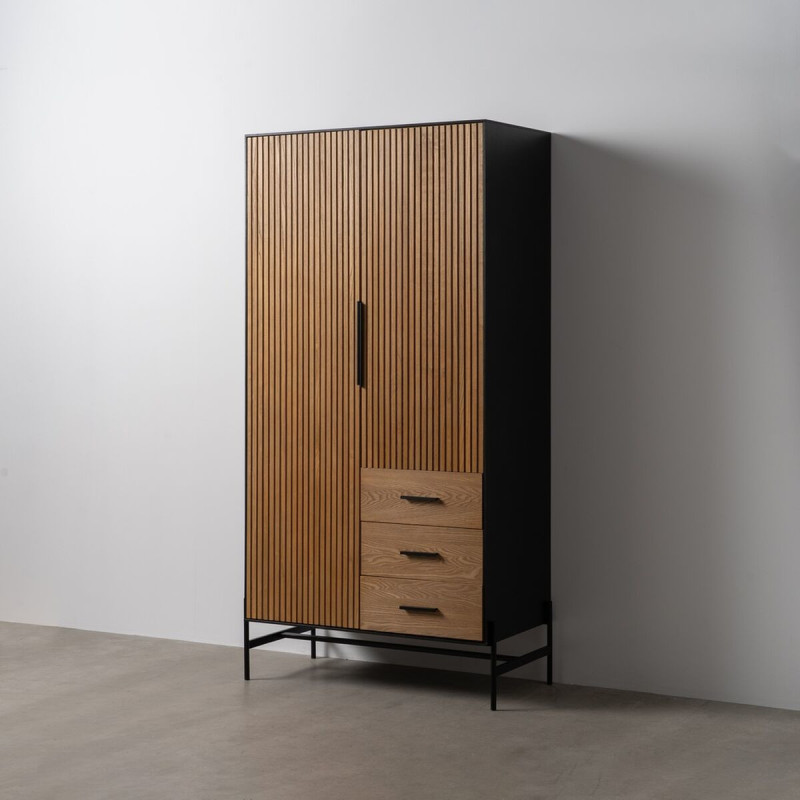 Grande Armoire moderne 2 portes 3 tiroirs en Bois Naturel Noir Métal Orleans - 2