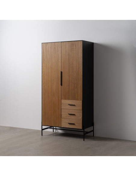 Grande Armoire moderne 2 portes 3 tiroirs en Bois Naturel Noir Métal Orleans - 2