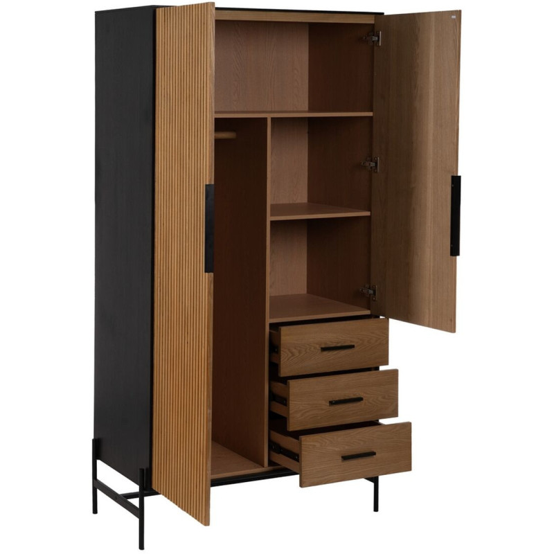 Grande Armoire moderne 2 portes 3 tiroirs en Bois Naturel Noir Métal Orleans - 3