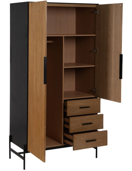 Grande Armoire moderne 2 portes 3 tiroirs en Bois Naturel Noir Métal Orleans - 3
